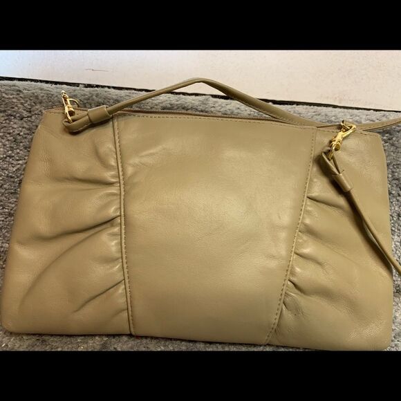 Vintage Taupe Leather Handbag Beige Convertible Clutch - Picture 1 of 8